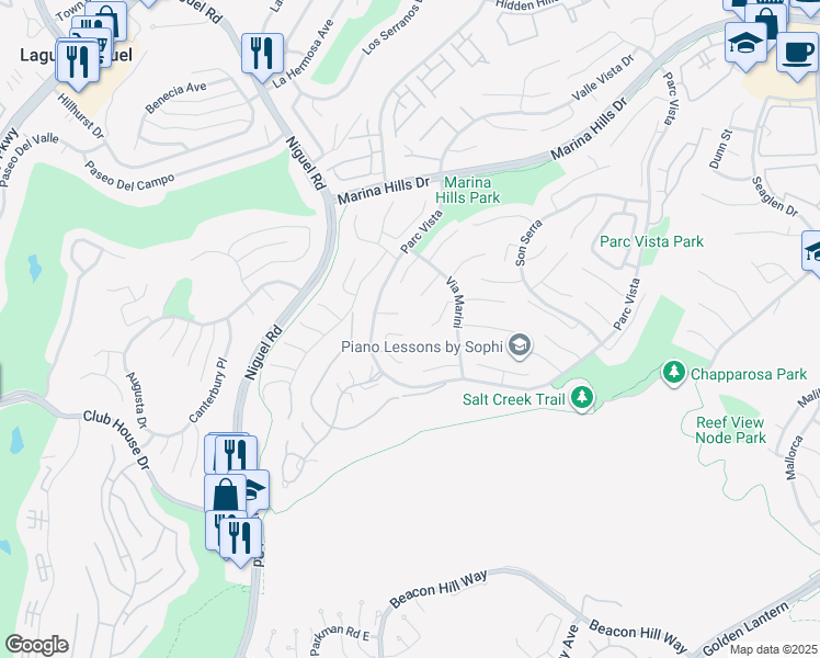 map of restaurants, bars, coffee shops, grocery stores, and more near 5 Agia in Laguna Niguel
