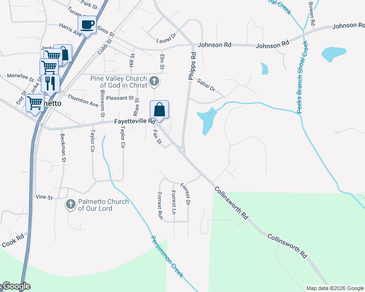 map of restaurants, bars, coffee shops, grocery stores, and more near Phipps Road in Palmetto