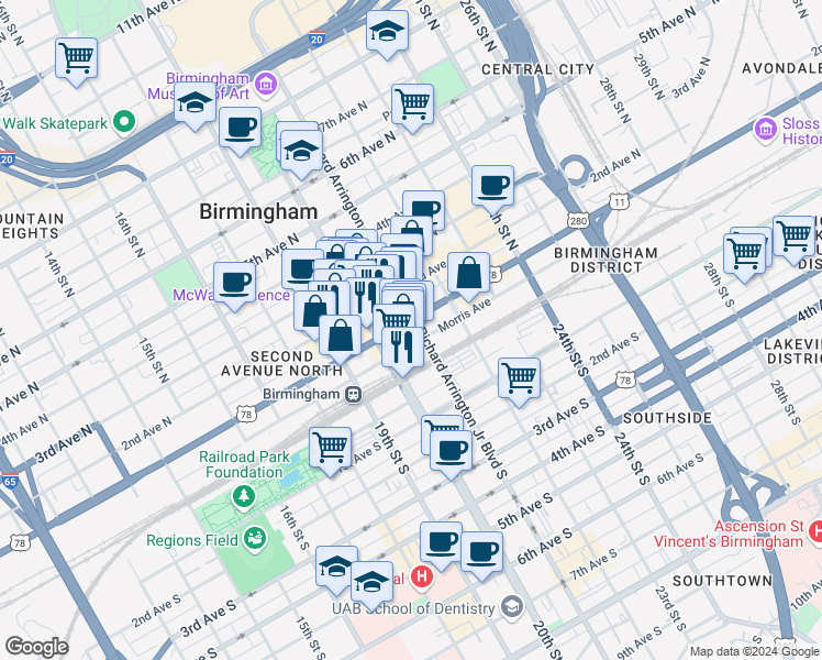 map of restaurants, bars, coffee shops, grocery stores, and more near 2013 1st Avenue North in Birmingham