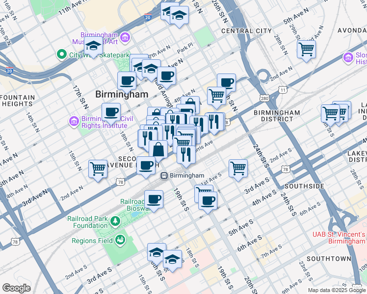 map of restaurants, bars, coffee shops, grocery stores, and more near 2015 1st Avenue North in Birmingham