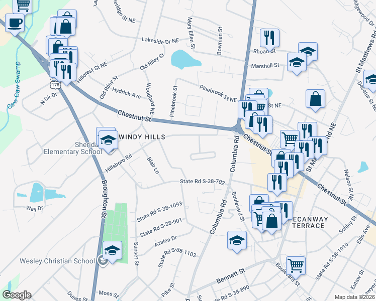 map of restaurants, bars, coffee shops, grocery stores, and more near 1520 Hillsboro Road in Orangeburg