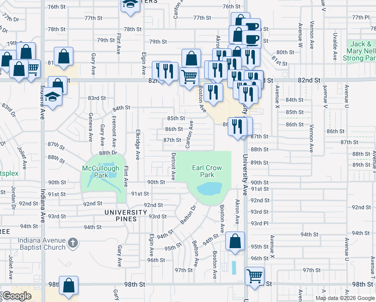 map of restaurants, bars, coffee shops, grocery stores, and more near 2799 88th St in Lubbock
