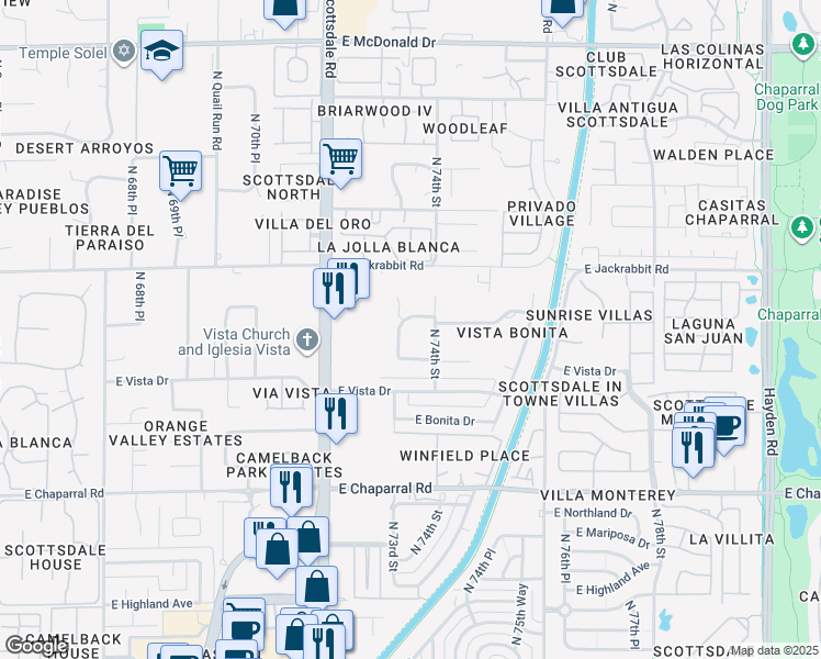 map of restaurants, bars, coffee shops, grocery stores, and more near 5249 North 73rd Place in Scottsdale