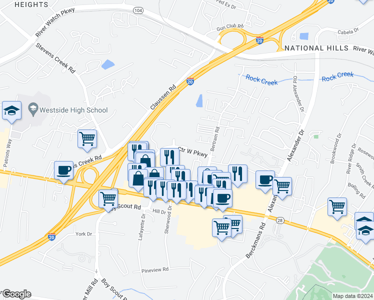 map of restaurants, bars, coffee shops, grocery stores, and more near 309 Center West Parkway in Augusta