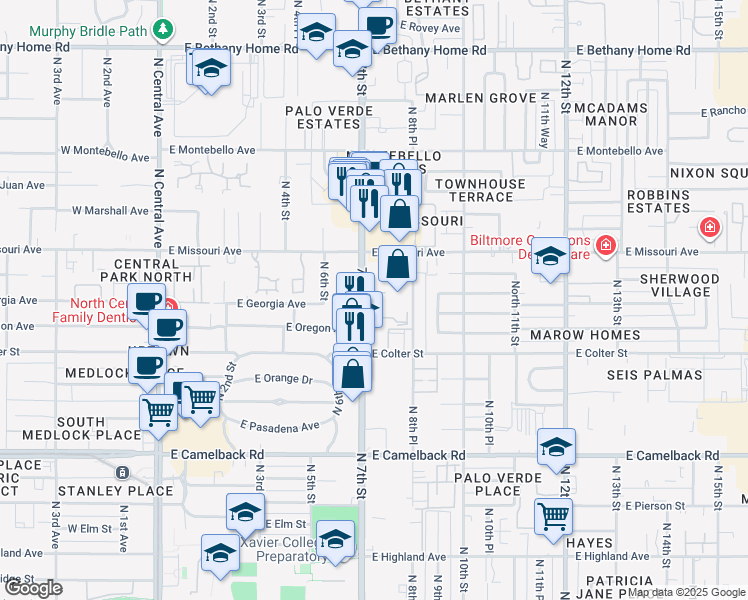 map of restaurants, bars, coffee shops, grocery stores, and more near 5303 North 7th Street in Phoenix