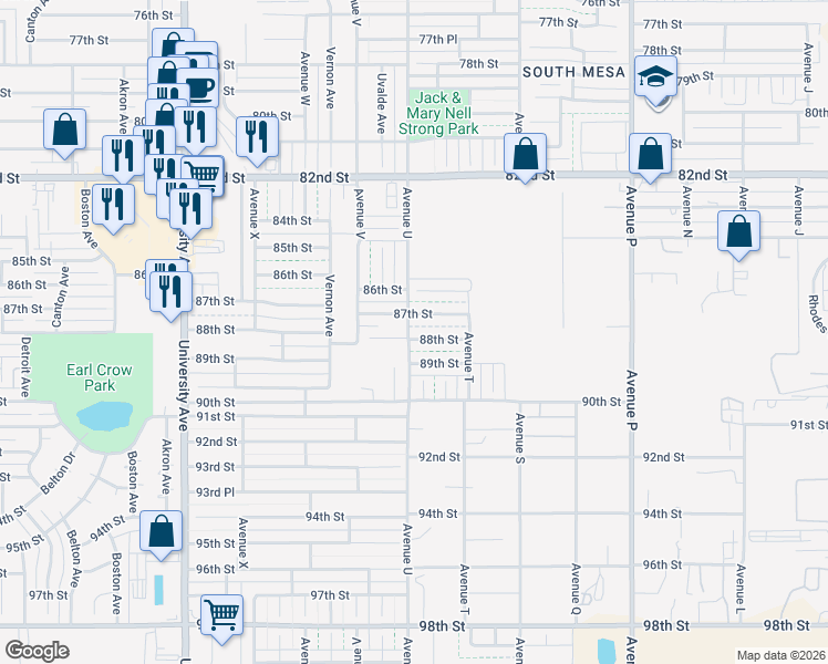 map of restaurants, bars, coffee shops, grocery stores, and more near 2103 88th Street in Lubbock