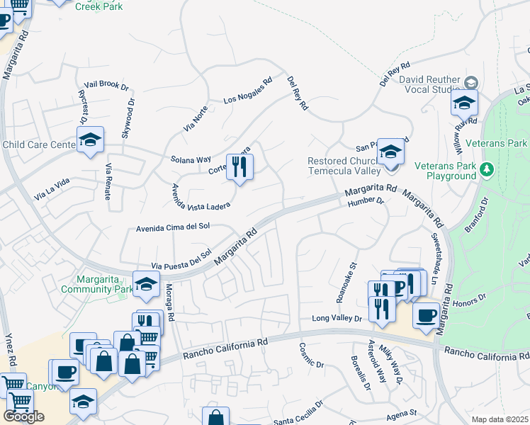 map of restaurants, bars, coffee shops, grocery stores, and more near 30087 Corte San Luis in Temecula