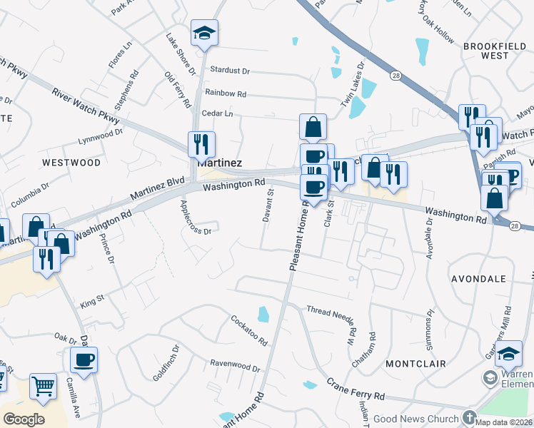 map of restaurants, bars, coffee shops, grocery stores, and more near 111 Davant St in Augusta