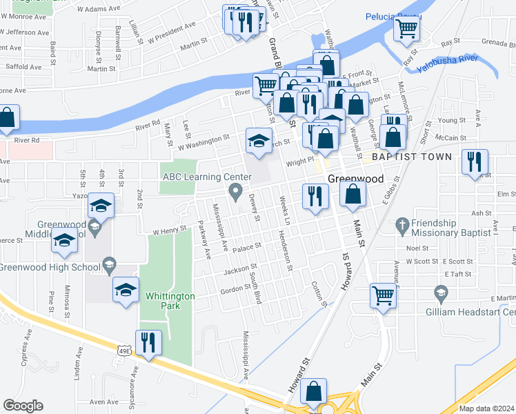 map of restaurants, bars, coffee shops, grocery stores, and more near 512 West Henry Street in Greenwood
