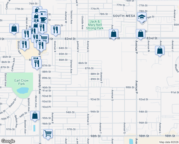 map of restaurants, bars, coffee shops, grocery stores, and more near 2103 88th Street in Lubbock