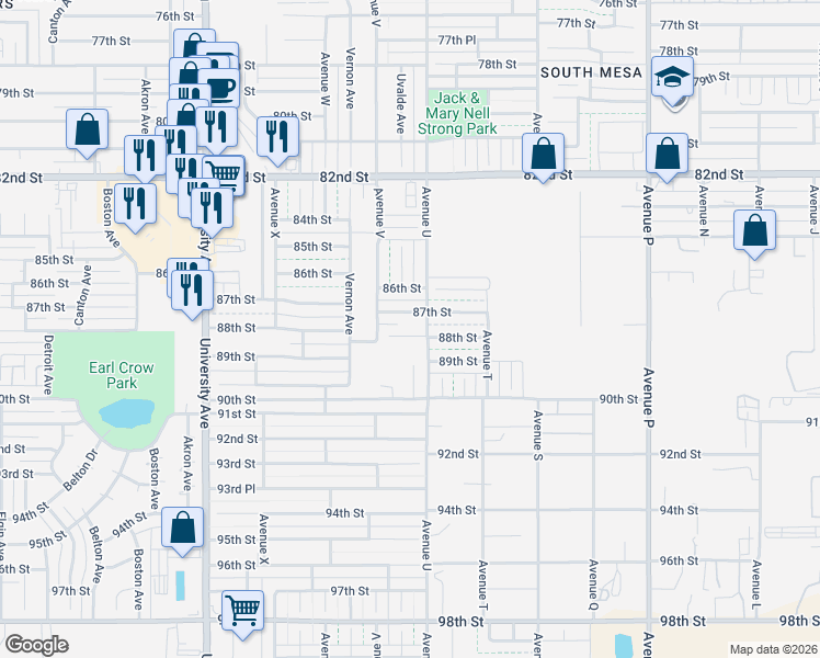 map of restaurants, bars, coffee shops, grocery stores, and more near 2103 88th Street in Lubbock