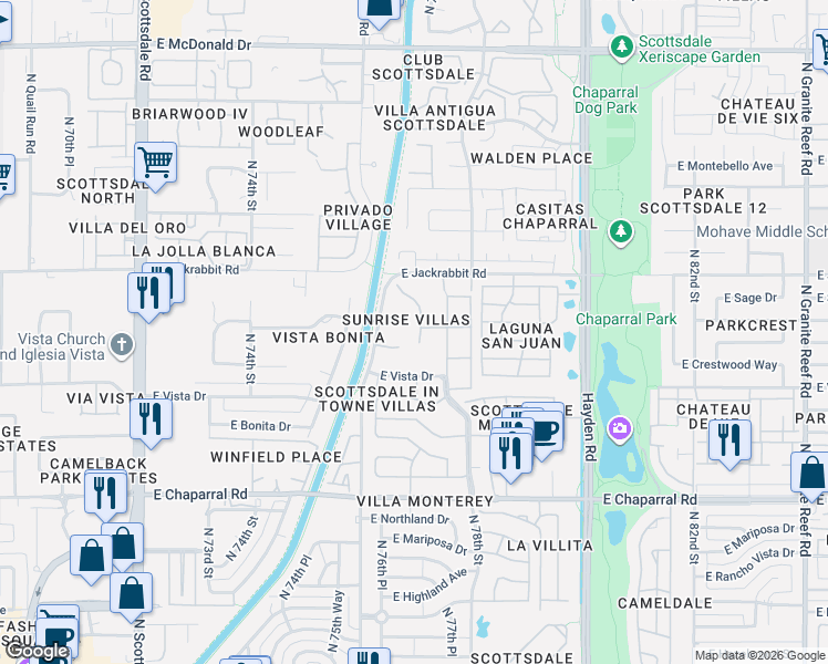 map of restaurants, bars, coffee shops, grocery stores, and more near 5321 North 77th Street in Scottsdale