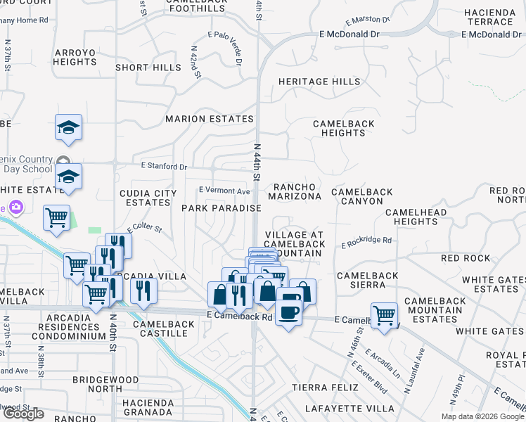 map of restaurants, bars, coffee shops, grocery stores, and more near 4436 East Camelback Road in Phoenix