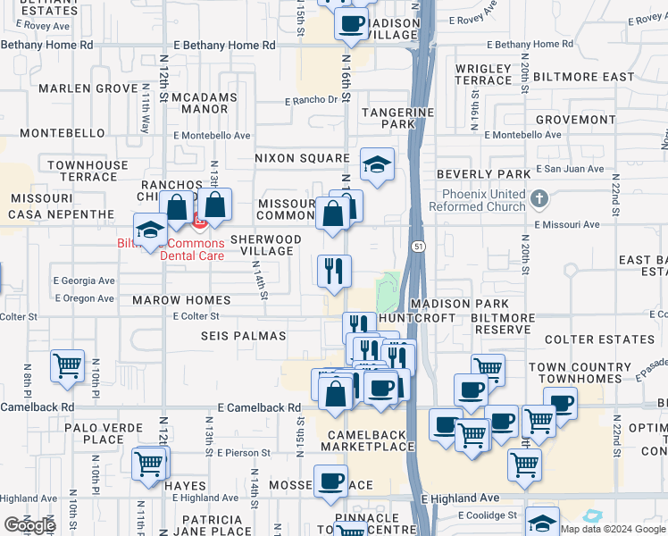 map of restaurants, bars, coffee shops, grocery stores, and more near 5240 North 16th Street in Phoenix