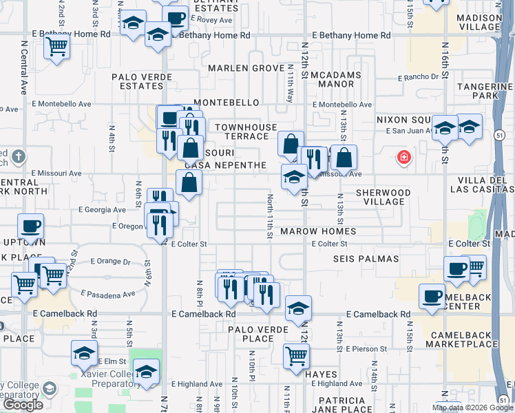 map of restaurants, bars, coffee shops, grocery stores, and more near 1038 East Georgia Avenue in Phoenix
