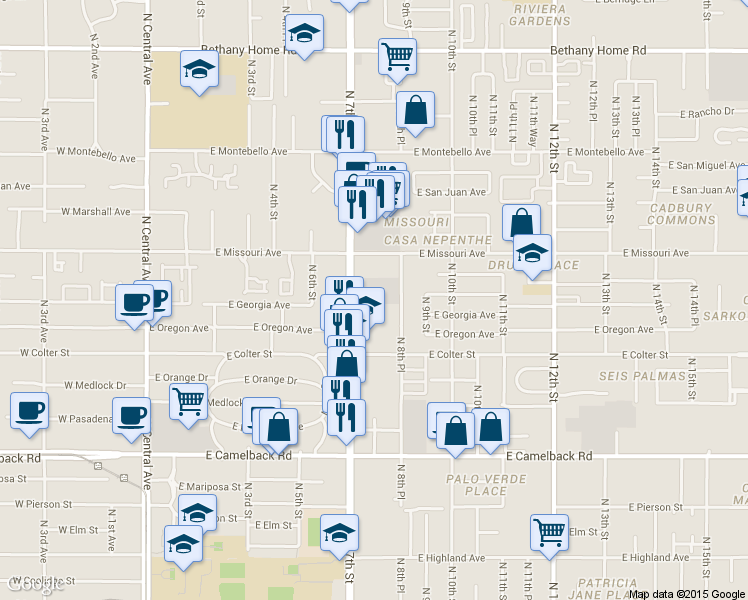 map of restaurants, bars, coffee shops, grocery stores, and more near 5303 North 7th Street in Phoenix