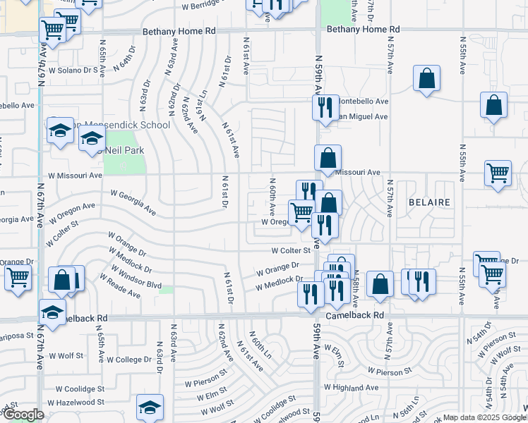 map of restaurants, bars, coffee shops, grocery stores, and more near 6002 West Oregon Avenue in Glendale