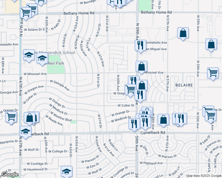map of restaurants, bars, coffee shops, grocery stores, and more near 6002 West Oregon Avenue in Glendale
