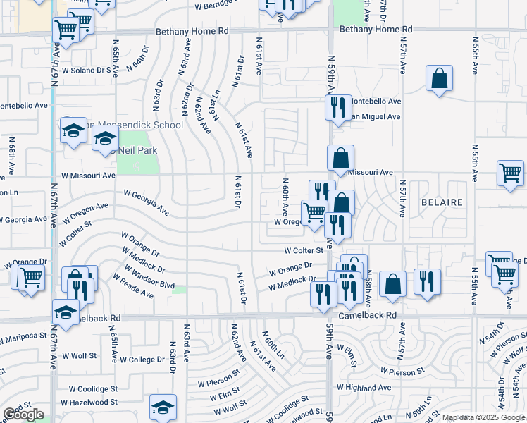 map of restaurants, bars, coffee shops, grocery stores, and more near 5301 North 61st Avenue in Glendale