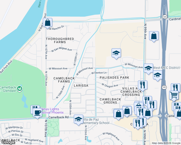map of restaurants, bars, coffee shops, grocery stores, and more near 5408 North 104th Avenue in Glendale
