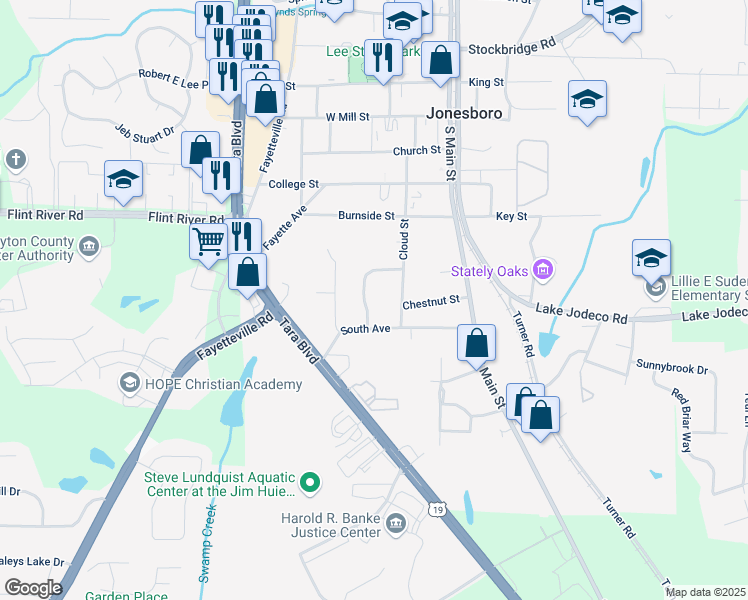 map of restaurants, bars, coffee shops, grocery stores, and more near 123 Arnold Place in Jonesboro