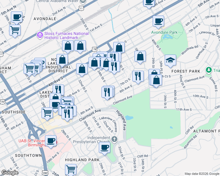 map of restaurants, bars, coffee shops, grocery stores, and more near 634 34th Street South in Birmingham