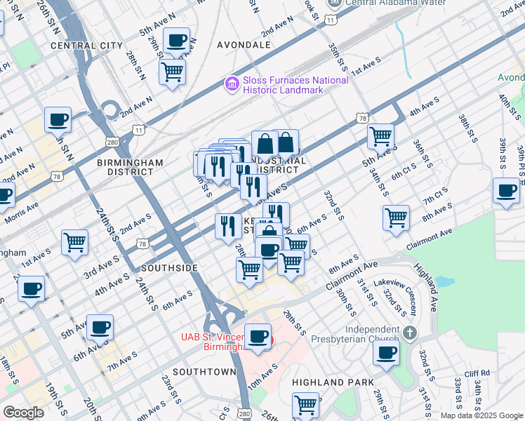 map of restaurants, bars, coffee shops, grocery stores, and more near in Birmingham
