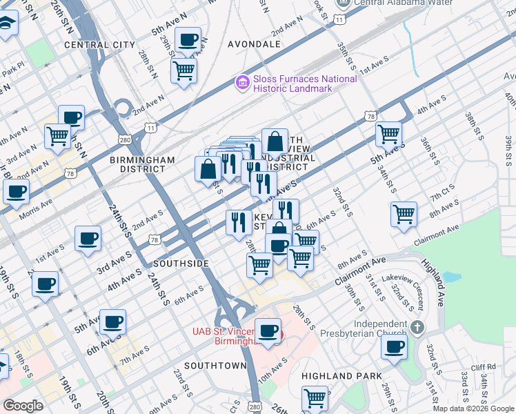 map of restaurants, bars, coffee shops, grocery stores, and more near 2821 4th Avenue South in Birmingham