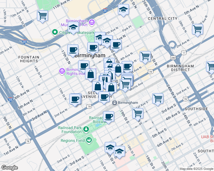 map of restaurants, bars, coffee shops, grocery stores, and more near 156 19th Street North in Birmingham