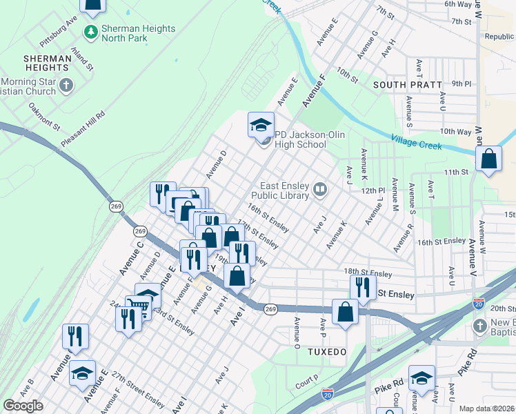 map of restaurants, bars, coffee shops, grocery stores, and more near 1607 Avenue F in Birmingham