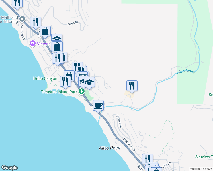 map of restaurants, bars, coffee shops, grocery stores, and more near 21731 Ocean Vista Drive in Laguna Beach