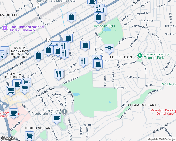 map of restaurants, bars, coffee shops, grocery stores, and more near 3652 Clairmont Avenue in Birmingham