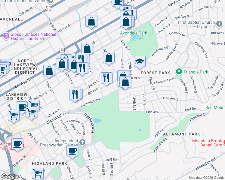 map of restaurants, bars, coffee shops, grocery stores, and more near 3652 Clairmont Avenue in Birmingham