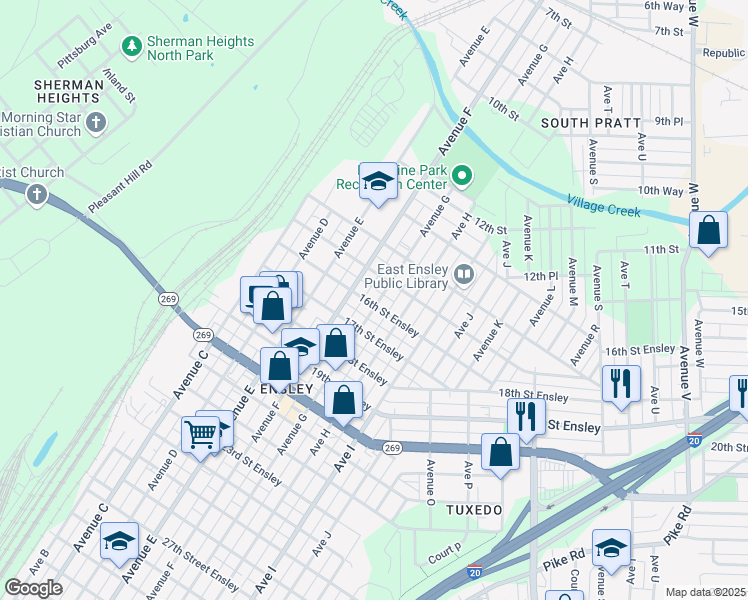 map of restaurants, bars, coffee shops, grocery stores, and more near 1607 Avenue F in Birmingham