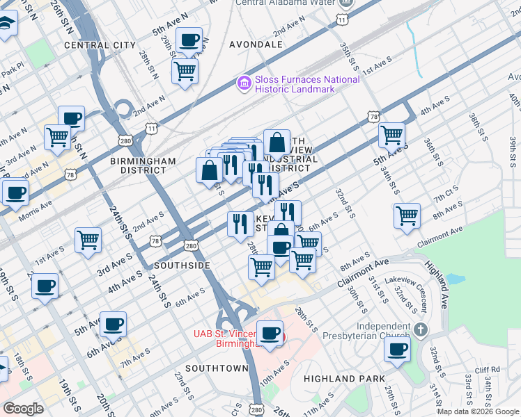 map of restaurants, bars, coffee shops, grocery stores, and more near 417 29th Street South in Birmingham