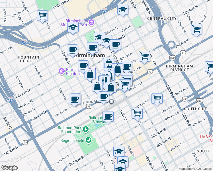 map of restaurants, bars, coffee shops, grocery stores, and more near 214 19th Street North in Birmingham