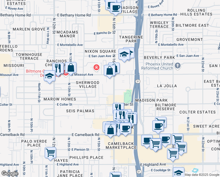 map of restaurants, bars, coffee shops, grocery stores, and more near 5240 North 16th Street in Phoenix