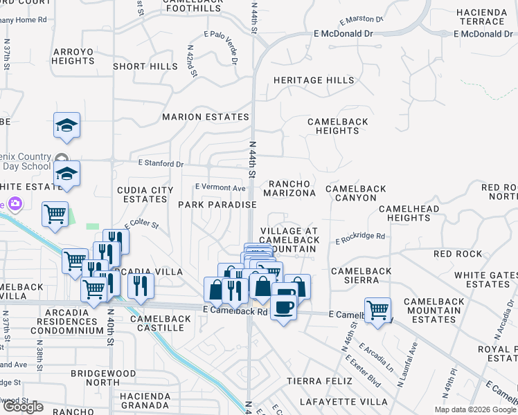 map of restaurants, bars, coffee shops, grocery stores, and more near 4436 East Camelback Road in Phoenix