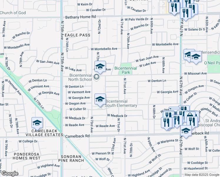 map of restaurants, bars, coffee shops, grocery stores, and more near 7145 West Vermont Avenue in Glendale