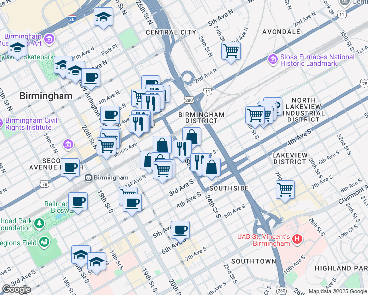 map of restaurants, bars, coffee shops, grocery stores, and more near 2316 1st Avenue South in Birmingham
