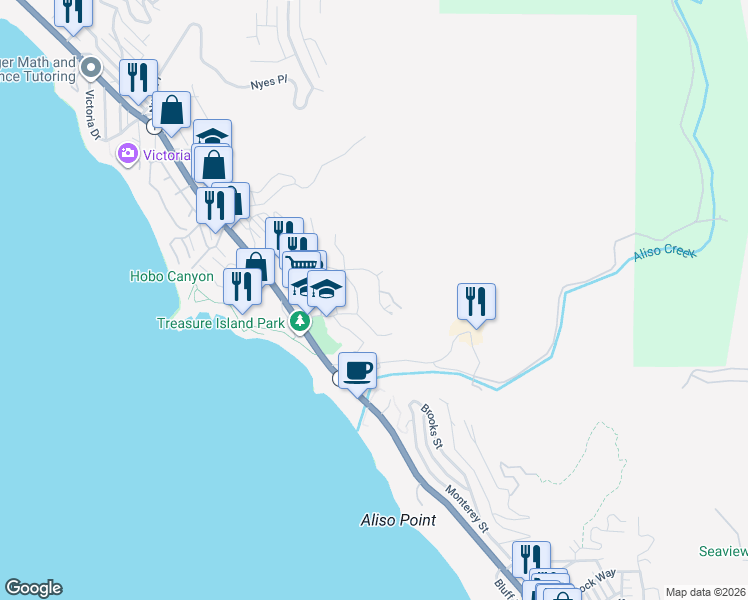 map of restaurants, bars, coffee shops, grocery stores, and more near 21692 Ocean Vista Drive in Laguna Beach