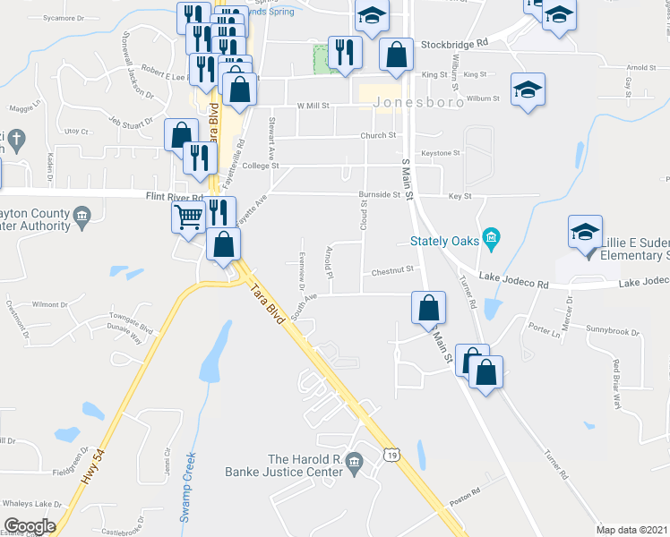 map of restaurants, bars, coffee shops, grocery stores, and more near 123 Arnold Place in Jonesboro