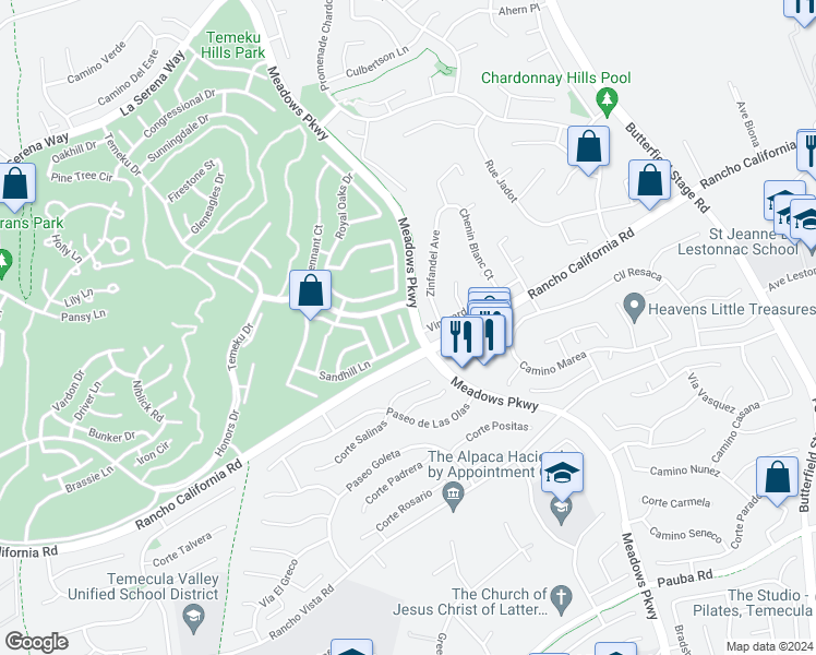map of restaurants, bars, coffee shops, grocery stores, and more near 31791 Sandhill Lane in Temecula