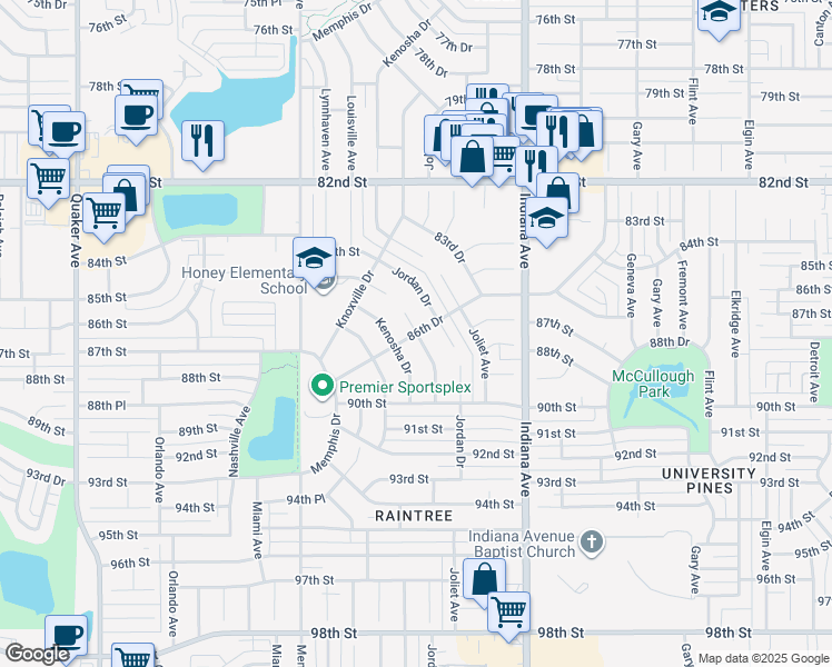 map of restaurants, bars, coffee shops, grocery stores, and more near 3601 86th Drive in Lubbock
