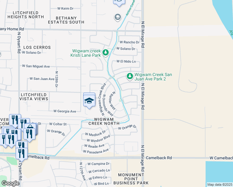 map of restaurants, bars, coffee shops, grocery stores, and more near 5459 North Rattler Way in Litchfield Park