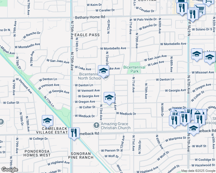 map of restaurants, bars, coffee shops, grocery stores, and more near 7237 West Missouri Avenue in Glendale