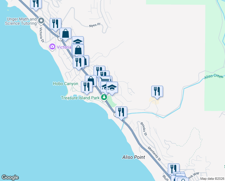 map of restaurants, bars, coffee shops, grocery stores, and more near 30851 Marilyn Drive in Laguna Beach