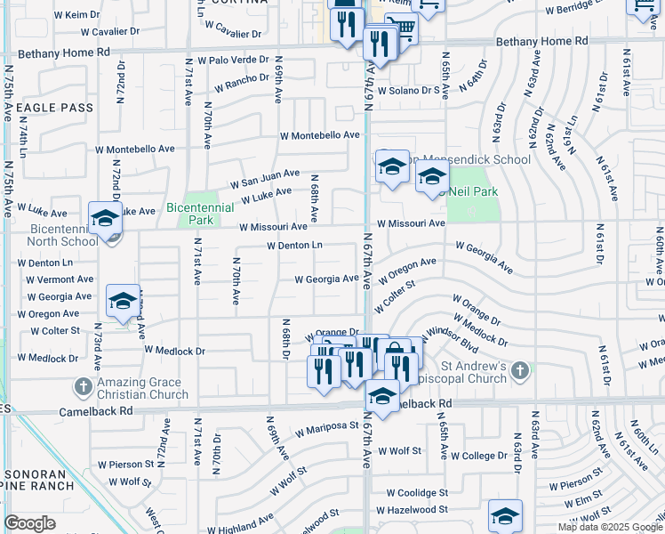 map of restaurants, bars, coffee shops, grocery stores, and more near 6726 West Georgia Avenue in Glendale