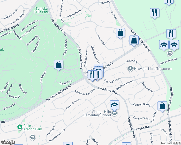 map of restaurants, bars, coffee shops, grocery stores, and more near 31833 Vineyard Avenue in Temecula