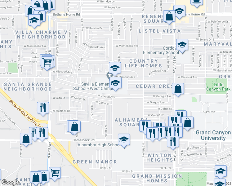 map of restaurants, bars, coffee shops, grocery stores, and more near 3801 West Missouri Avenue in Phoenix
